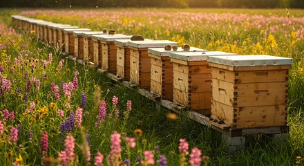 Row of Beehives in a Vibrant Wildflower Field at Sunset.
