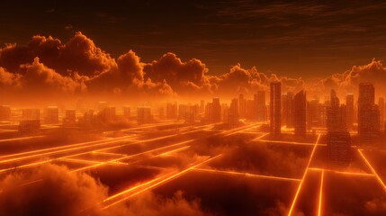 Abstract cityscape with glowing lines and layered cloudscape illustration