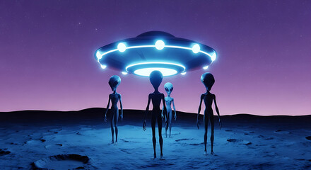 Mysterious alien beings emerge from a glowing UFO on a desolate otherworldly planet