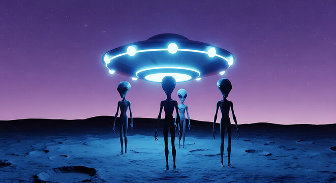 Mysterious alien beings emerge from a glowing UFO on a desolate otherworldly planet