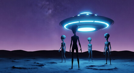 Alien Encounter A futuristic scene of extraterrestrials and their glowing spaceship on a desolate planet