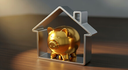 Golden Piggy Bank Protected by House Outline, Financial Savings for Future Home