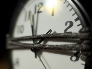 Macro Close-up of Clock Face with Hands Tied Down, Symbolizing Running Out of Time and Deadline Stress, urgent, hurry, stress