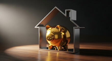 Golden Piggy Bank Nestled in a House Outline Secure Savings and Investments
