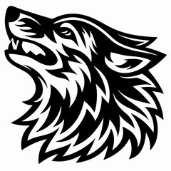 Obraz premium Striking Black and White Vector Illustration of a Fierce Wolf Head Howling with Tribal Elements