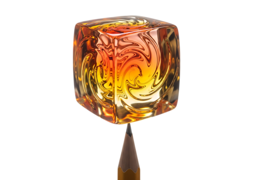 Vibrant amber colored gemstone balanced precariously on a pencil tip isolated on transparent background