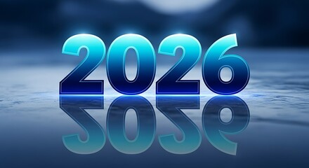 Futuristic Glowing Blue 2026 Number with Reflection on Wet Surface.