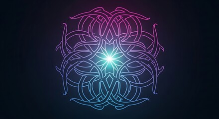 Abstract glowing mandala design with intricate interwoven lines and vibrant colors.