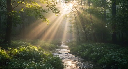 Obraz premium Sunlight streaming through forest trees onto a tranquil stream.