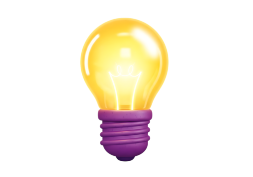 Bright yellow light bulb with purple base isolated on transparent background - Powered by Adobe