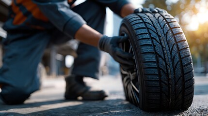 Mechanic Changing Car Tire on Street with Safety Gloves and Uniform