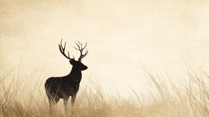 Obraz premium Deer silhouette in tall grass with sepia vintage texture background
