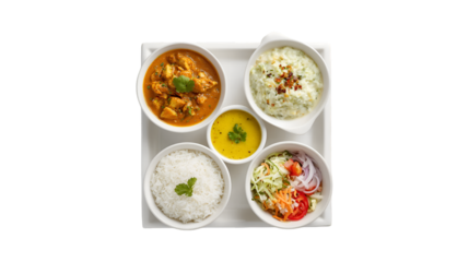 A complete Indian meal platter with chicken curry dal lentil soup steamed rice fresh salad and a side dish served in white bowls on a tray