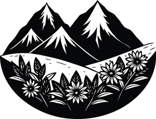 Floral Hills And Snow Capped Mountains Silhouette | Flower Fields With Mountain View Silhouette