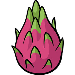 A Vibrant Cartoon Dragon Fruit Illustration With Pink Flesh Green Leaves And Black Outline On A Transparent Background Perfect For Healthy Eating And Tropical Themes