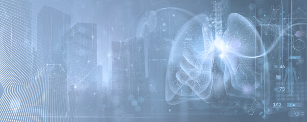 Medical technology diagnostics concept.Medicine doctor and stethoscope working with Human lungs with Ai medical technology on virtual screen for treatment.