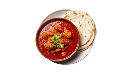 A delicious bowl of spicy red chicken curry topped with fresh cilantro served with warm flatbread on a plate viewed from above