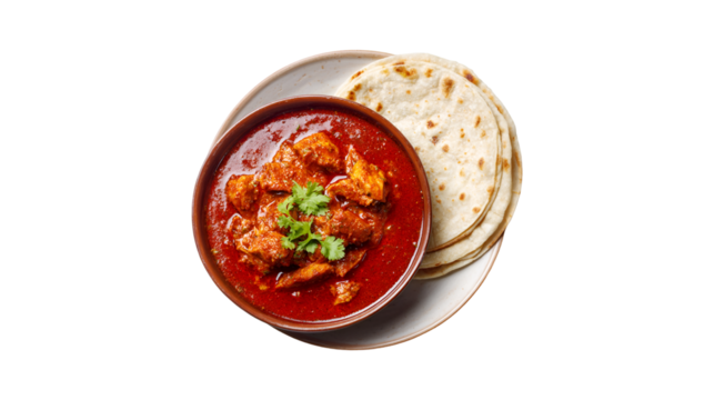 A delicious bowl of spicy red chicken curry topped with fresh cilantro served with warm flatbread on a plate viewed from above