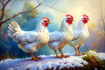 Three French Hens. Third day of the 12 days of Christmas. Watercolor style.