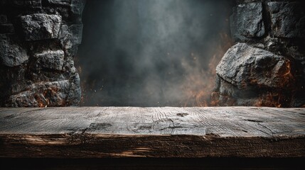 Rustic wooden surface framed by rugged stone walls, bathed in smoky atmosphere with flickering flames. Perfect for showcasing products with a touch of mystery and nature.