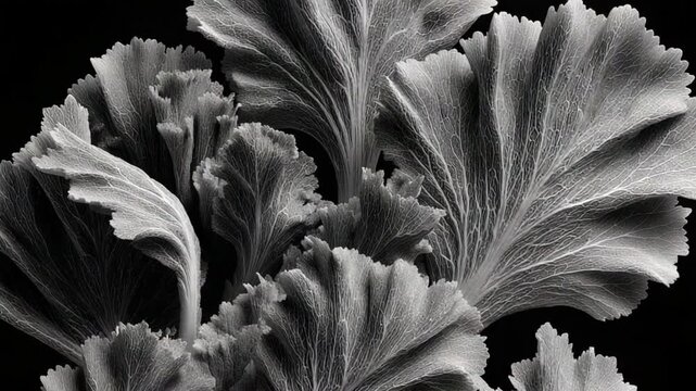 Monochrome lettuce leaves against a black background detailed texture