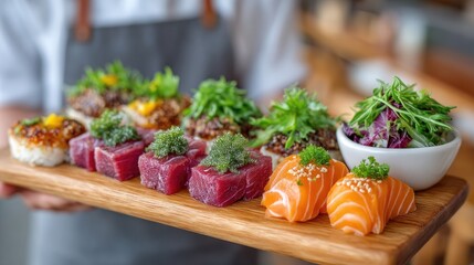 Skilled Sushi Chef Presents A Beautiful Assortment Of Fresh Salmon And Tuna Nigiri Sushi Garnished With Greenery And Sesame Seeds On A Wooden Board