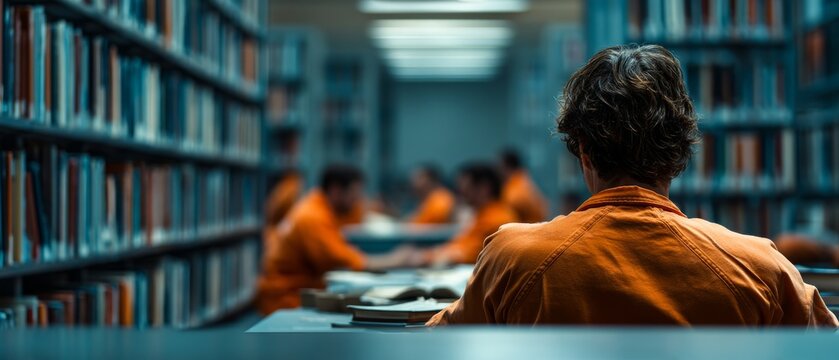 Prisoners studying in library wearing orange uniforms, criminal justice