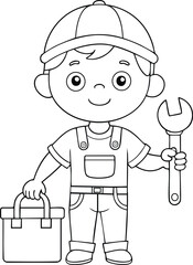 Cute cartoon plumber child holding tools ready for plumbing work and toolbox fun