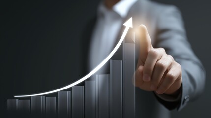 Business Growth Bar Chart Touch Interaction in Modern Minimalist Workspace, Upward Success Trend Concept