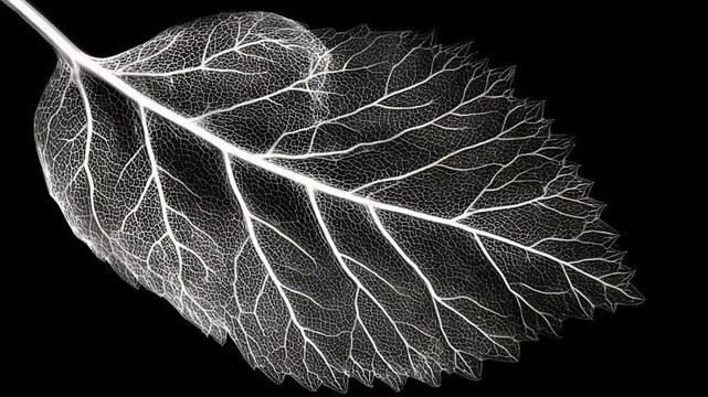 Detailed view of delicate leaf skeleton structure on black background