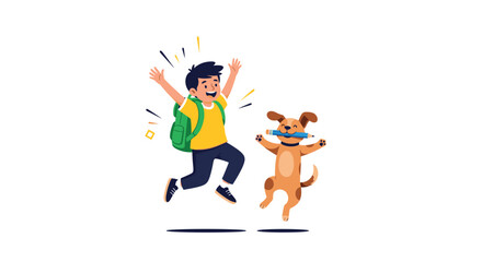 A delighted young student with a green backpack leaps happily, celebrating a new school year with his playful dog who carries a pencil, embracing education and fun.
