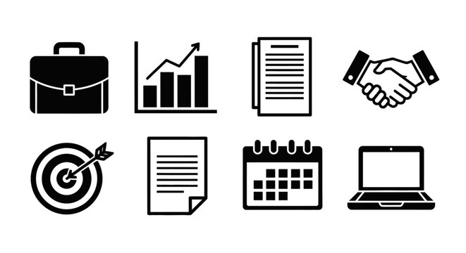 Business icons: briefcase, graph, documents, handshake, target, calendar, laptop.