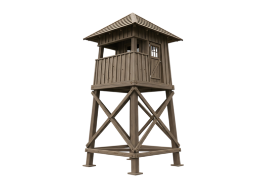 Rustic wooden watchtower with a sloped roof and open balcony isolated on transparent background