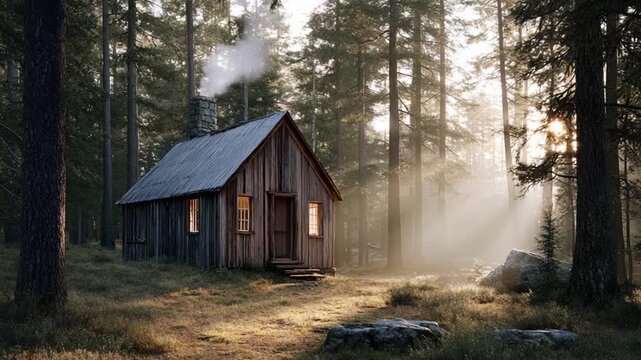 Rustic cabin amidst dense forest with smoke rising from chimney