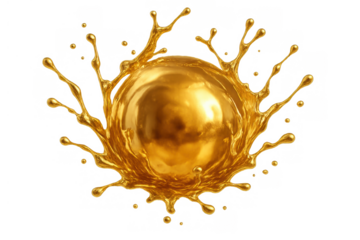 Golden sphere splashing liquid, reflecting light, with drops flowing, representing wealth and luxury on transparent