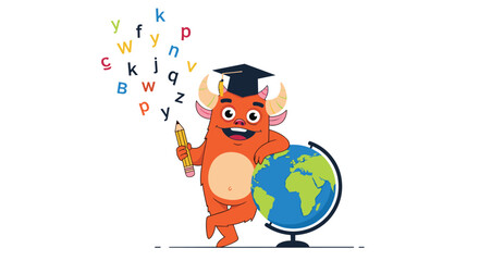 Naklejka premium A cheerful, horned orange monster wearing a graduation cap happily studies with a pencil and a globe, as colorful letters float around, symbolizing global education and learning.