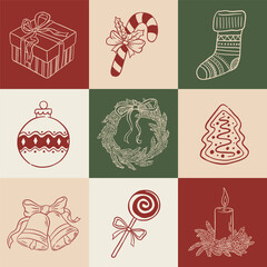 Hand drawn retro Christmas seamless pattern with decorations, wreath, sweets and gifts. Vintage New Year vector illustration. Winter holiday background