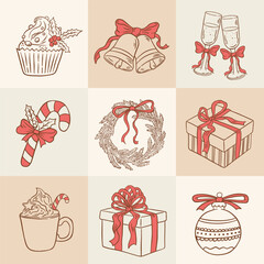 Geometric hand drawn Christmas decoration elements seamless pattern. Retro New Year background vector illustraion.