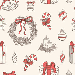 Retro hand drawn Christmas decoration elements seamless pattern. Vintage New Year tile vector illustraion. Xmas wrapping paper