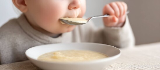 Baby eating creamy soup, steam rising, symbol of warmth, love, and home coziness.
