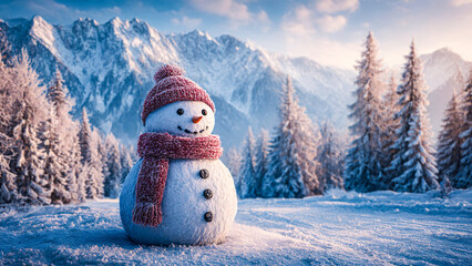Obraz premium Bonhomme de neige avec écharpe et bonnet dans un paysage de montagne