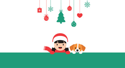 A cute little girl in a Santa hat and her dog joyfully peek over a green border, with various festive Christmas ornaments hanging above.