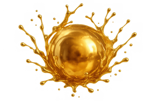 Golden sphere splashing liquid, reflecting light, with drops flowing, representing wealth and luxury on transparent