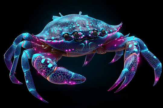 Cybernetic crab with glowing neon accents, a futuristic aquatic marvel, perfect for science fiction, technology, and gaming designs, a vibrant and unique sea creature