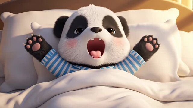 Baby panda waking up in bed. Cute cartoon animal illustration for kids bedtime story. Adorable furry creature sleeping peacefully.