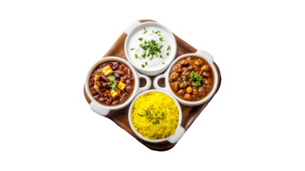 An overhead view of a delicious Indian meal featuring two vegetarian curries yellow rice and creamy yogurt served in white bowls on a wooden platter