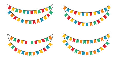 Vibrant and colorful party flags on strings, arranged in playful arcs against a clean white background, creating a festive and celebratory atmosphere for events.