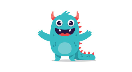 Obraz premium A friendly, happy teal blue cartoon monster character with red horns and spines stands with its arms wide open, smiling cheerfully, perfect for playful themes.