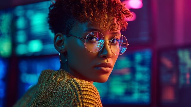 Serious woman with glasses in front of computer screens at night