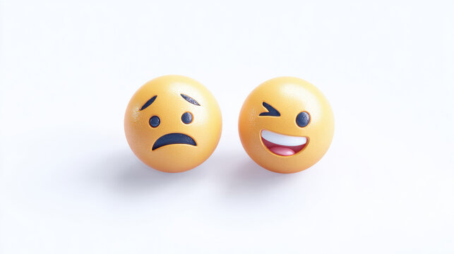 Sad and happy emoji faces on white background, showing contrasting emotions. two emoji faces, one sad and one happy, representing a range of human feelings.